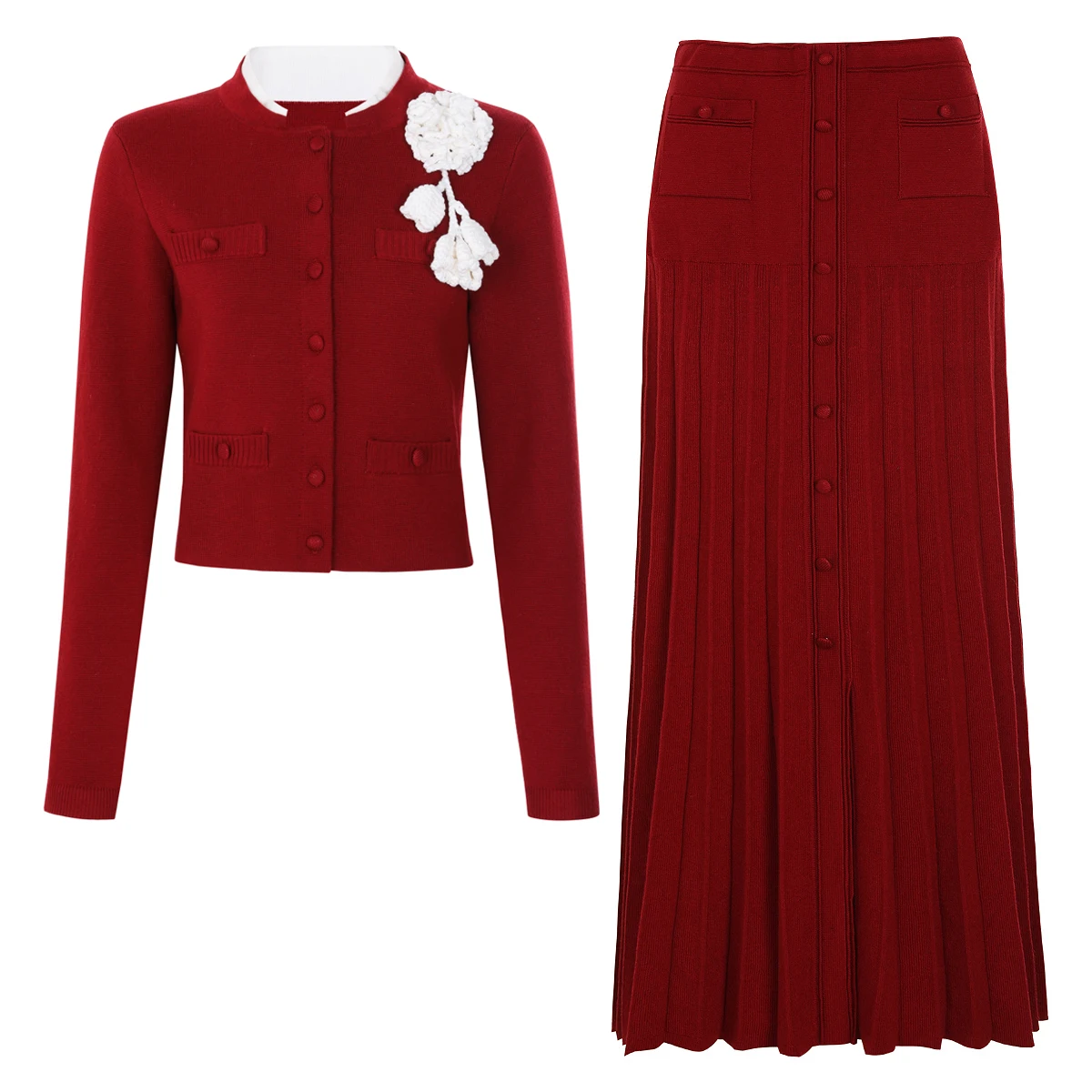 High Quality New Elastic Knitted Three-dimensional Chest Flower Long Sleeved Cardigan+pleated Half Skirt Women's Set