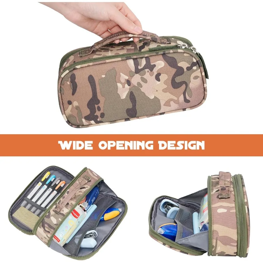 Tactical Pencil Case for Boy Extra Large Capacity Camo Pencil Pouch for Men Adults 3 Compartment Zipper Pen Case Small T