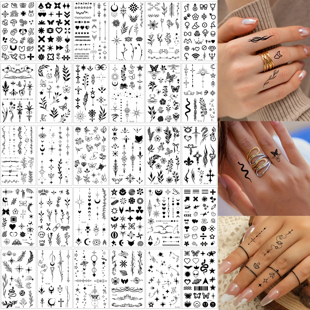 30pcs Disposable Finger Stickers for Women Men Waterproof Snake Flowers Small Tattoo Stickers for Hand Wrists Finger Body Art