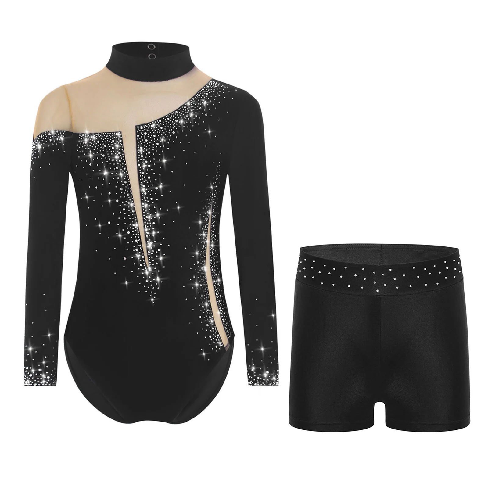 

Girls Dance Rhinestones Leotard Ballet Long Sleeve Sheer Mesh Patchwork Bodysuit with Shorts for Gymnastics Figure Skating Dance