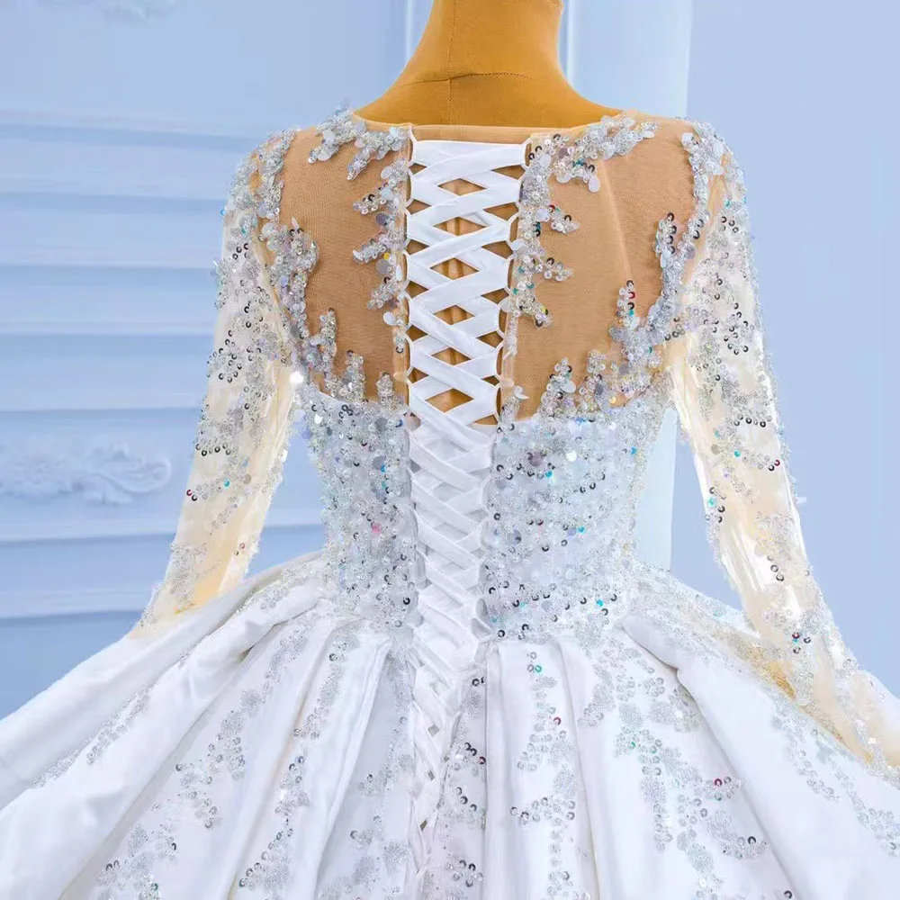 Wedding Dress O-Neck Long Sleeves Lace-Up Back Pearls Sequined Ball Gown Women's Elegant Bridal Gown - view 6
