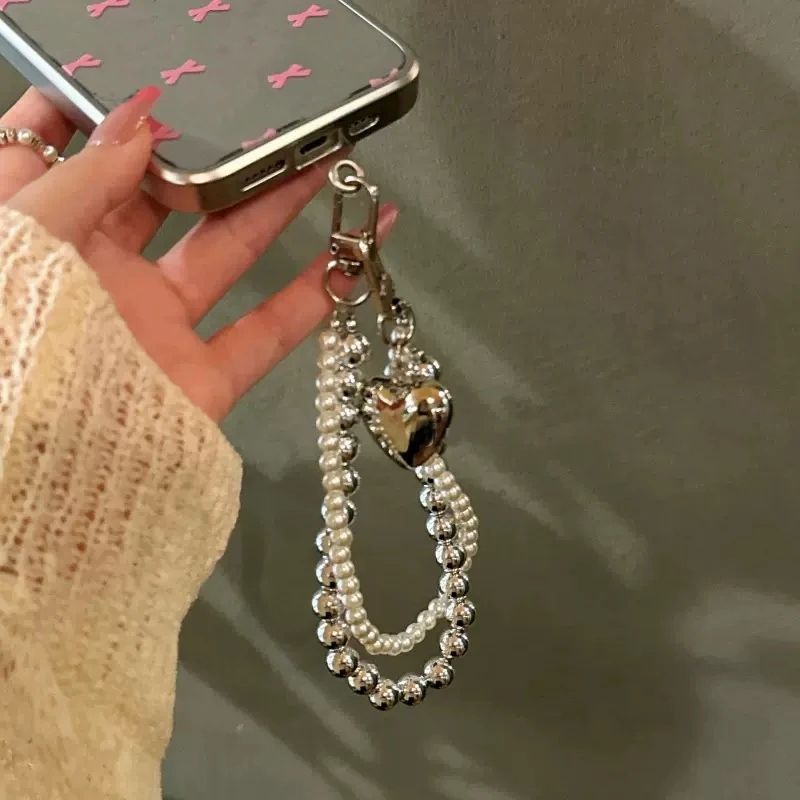 Luxury Bow Pearl Beaded Keychain Bracelet Lanyard Phone Charm Cute Love Heart Mobile Phone Camera Wrist Strap Anti-Lost Chains image 5