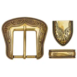 Antique Brass Plated Western Cowboy Rodeo 3PCS Set Floral Carved Replacement Jeans Apparel Leather Belt Buckle Fit 35mm Strap
