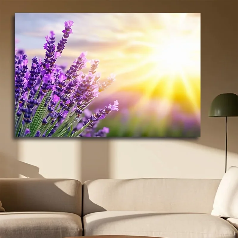 1pc Lavender in Sunlight Framed Canvas Painting - Modern Wall Decor, Pastel Lavender Field with Sunlit Sky, Ideal for Home, O