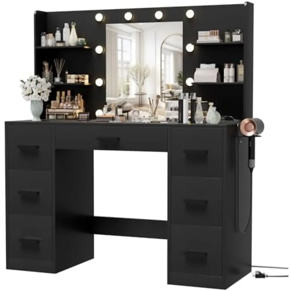Vanity Desk with Mirror, LED Lights and Power Outlet Makeup Vanity Table with 7 Drawers and 6 Storage Shelves Dressing