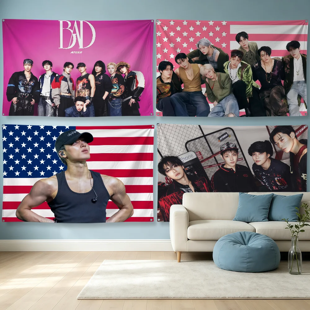 Hot Kpop A-a-ATEEZ Flag Polyester Banner Flags For Party Bar Club Outdoor Interior Wall Paper Decoration Banner Fans Gift
