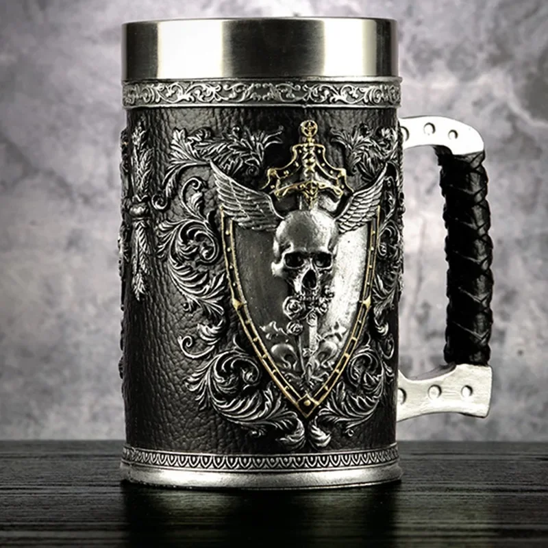 Norse Mythology Beer Mugs World Tree Viking Warrior Oak Barrel Resin Stein Tankard Stainless Steel Water Mug Coffee Cup 600ml