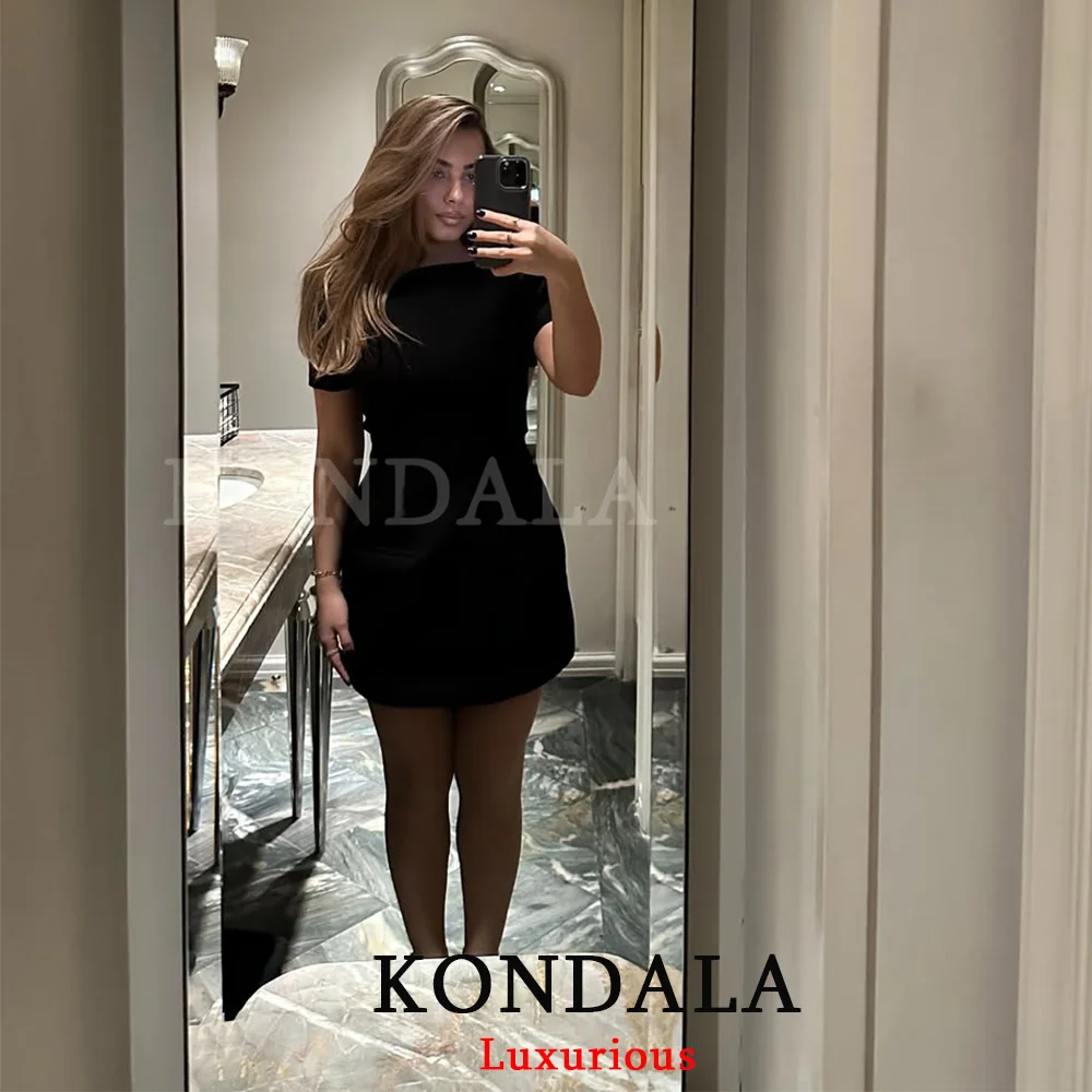 KONDALA Sexy Chic Black Party Dress Short Sleeve Pad Shoulder Mini Dress Fashion 2025 Autumn Evening Club Elegant Women Dress