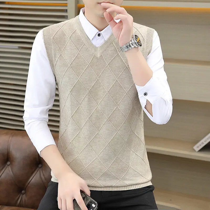 Chaleco de punto sin mangas con cuello en V para hombre, jersey ajustado de estilo coreano, versátil para jóvenes, otoño e invierno