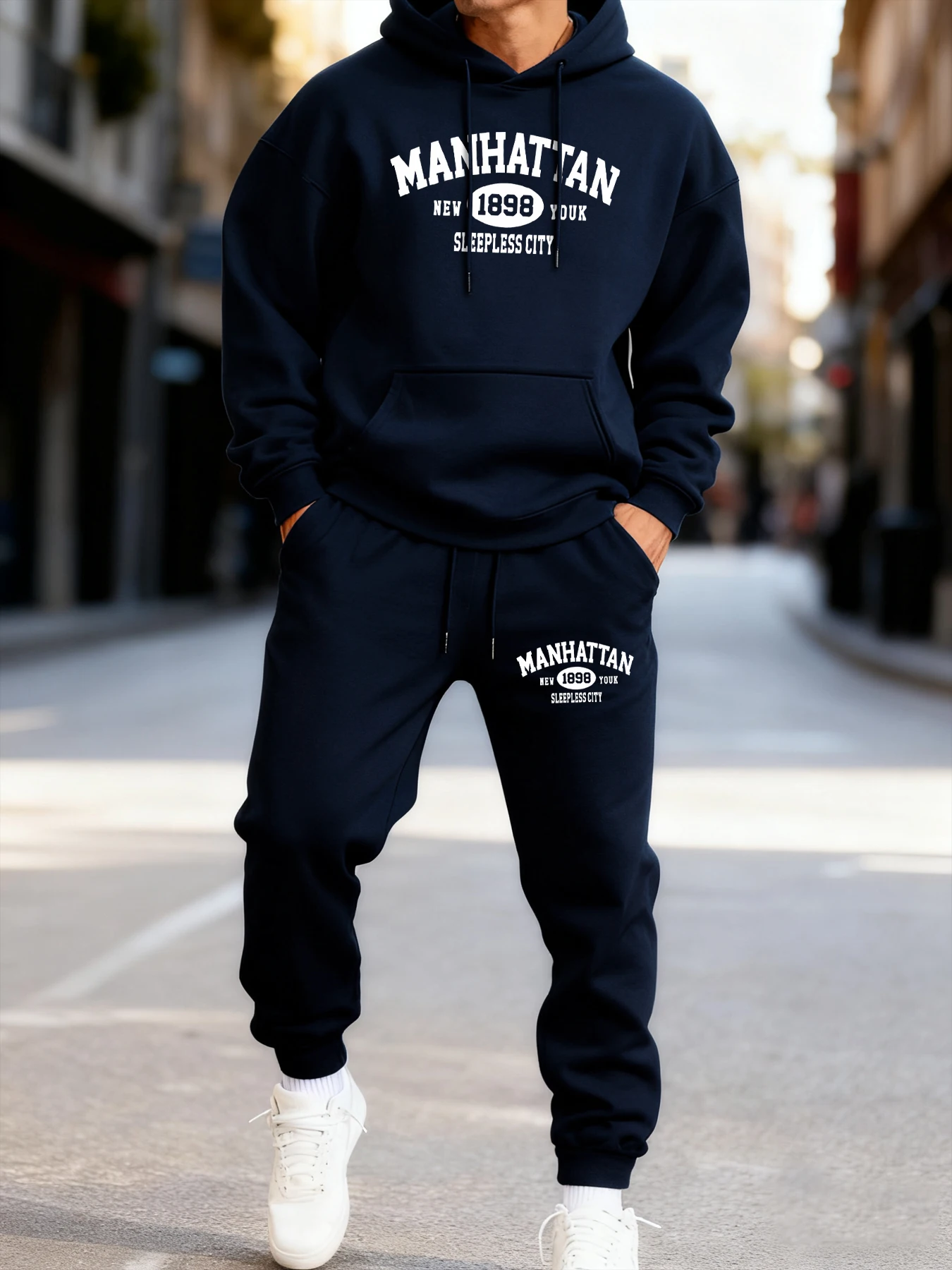

Мужской комплект с капюшоном без рукавов Manhattan New York с принтом города, повседневные зимние комплекты из двух предметов, спортивные длинные брюки, одежда для пар