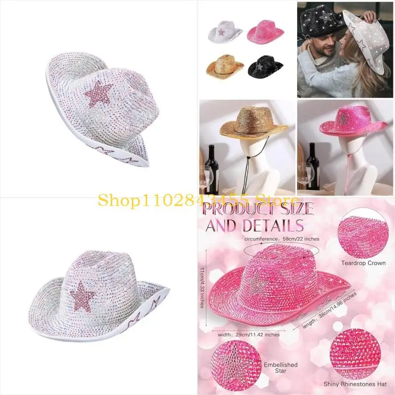 

49MC Roleplay Game Hat Glittering Rhinestones Star Hat Western Hat for Theme Party