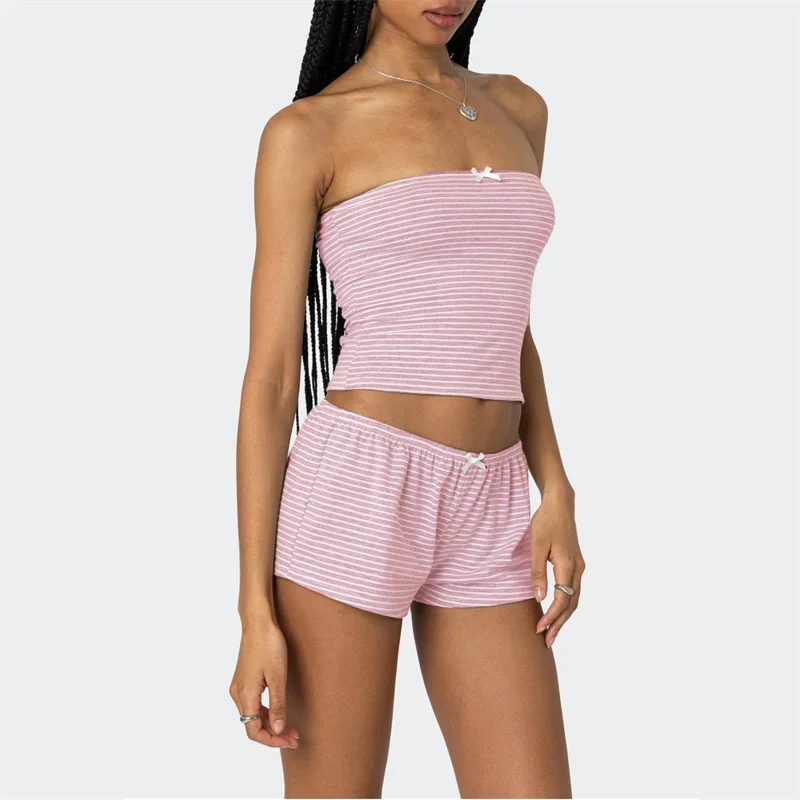 Women Two Piece Outfits Y2k Boy Shorts Set Sleeveless Striped Crop Top Button Down Shorts Set Loungewear Pajamas Set Streetwear
