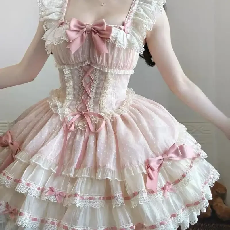 

Summer Kawaii Sweet Slim Sling Lolita Dress Design Lace Up Off Shoulder Lovely Dresses Women Casual Pretty Fairy Outfits Gift