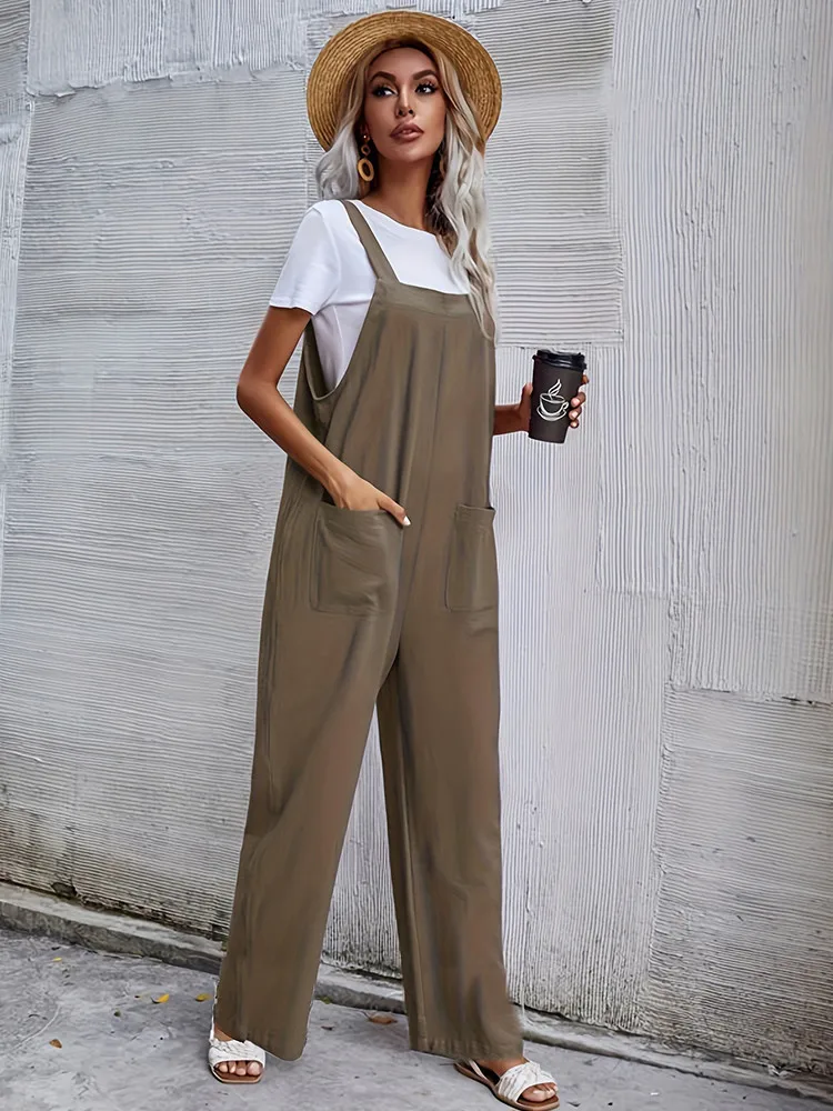 Women Straps Jumpsuit Summer Solid Color Wide Leg Pants Bib Overalls With Pocket Casual Loose Sleeveless Famale Jumpsuits Sales