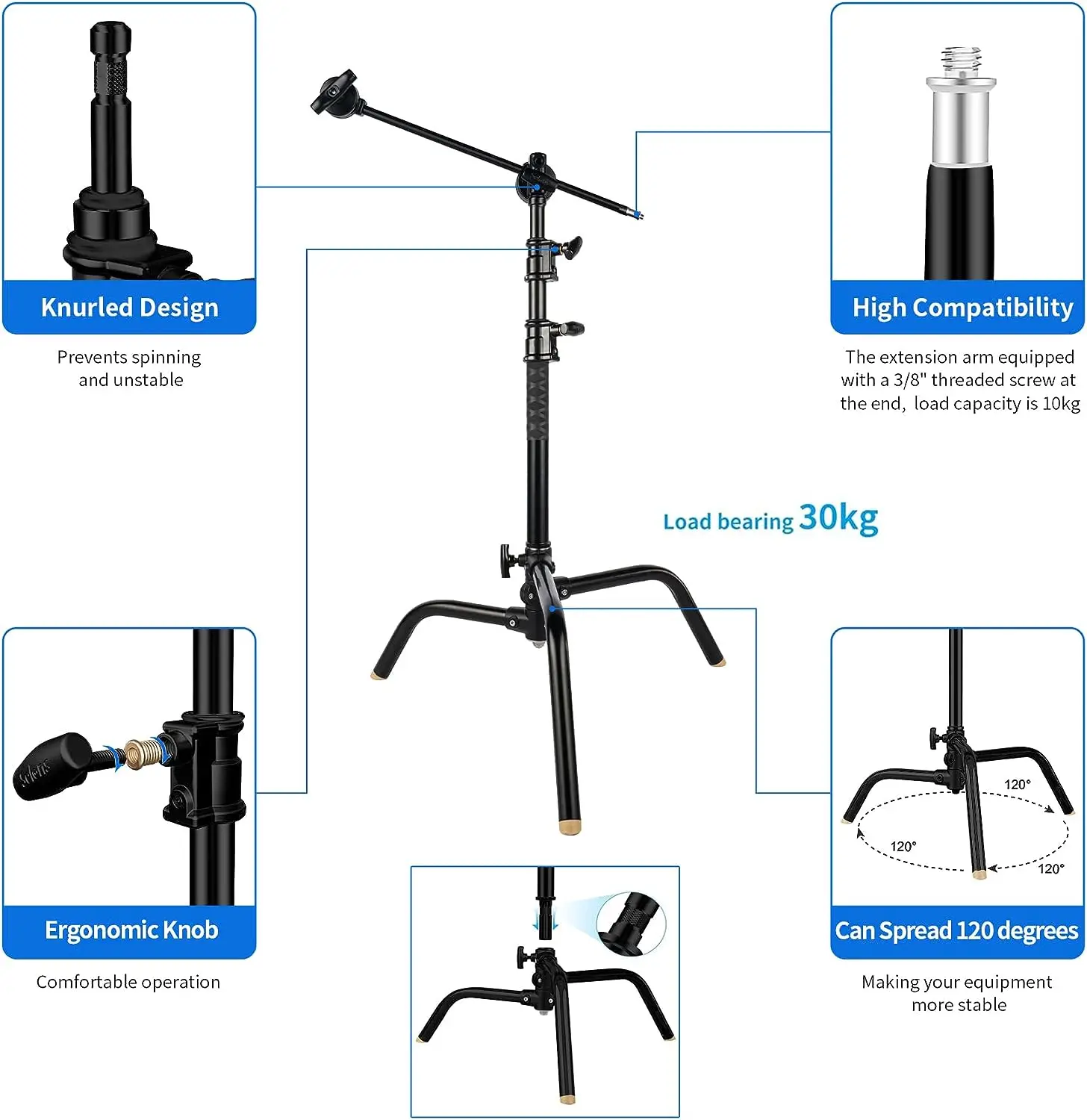 Selens 20 Inch Light Stand Photography Stainless Steel Heavy Duty C Stand Tripod With Boom Arm Fit For SoftBox Lamp Reflector