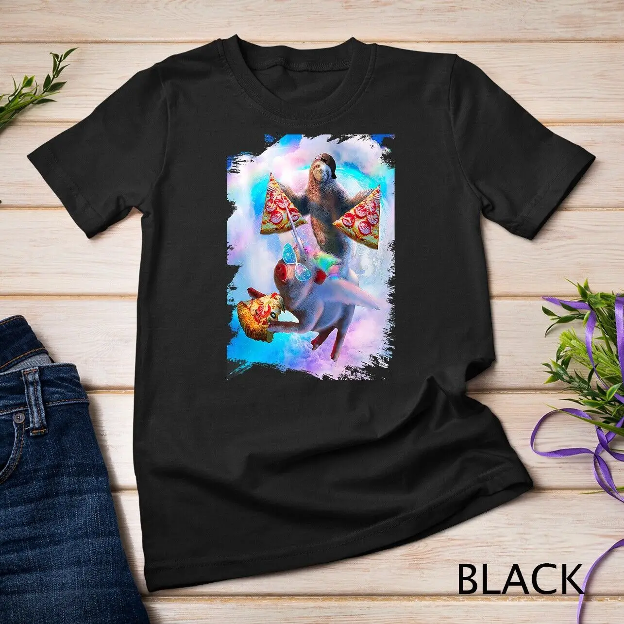 Flying Space Pizza Sloth Riding Rainbow Pig Unicorn Premium Unisex T-shirt