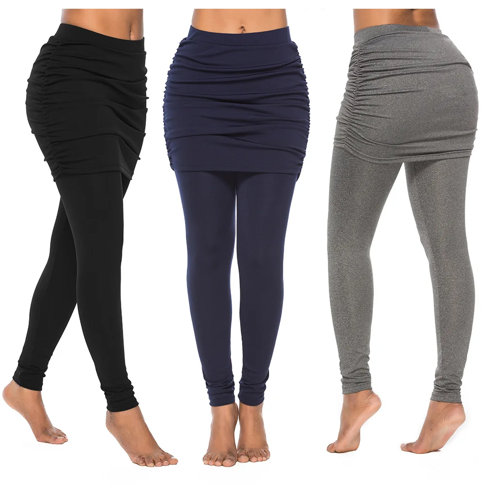 Leggings de cintura alta, pantalones para correr, Falda plisada de talla grande a la cadera, mallas ajustadas sexis falsas con dos faldas, pantalones de cintura alta, moda para mujer