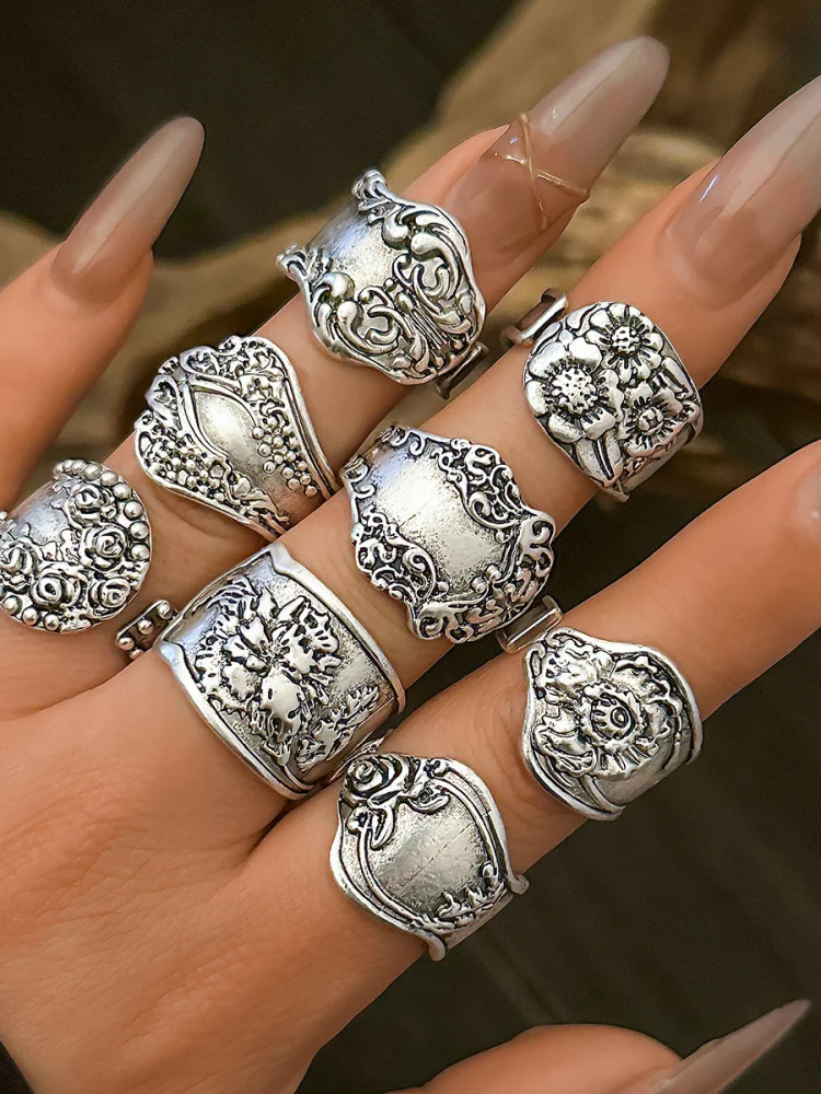 

Retro Vintage Cross-Border Punk Sle Ring Set Floral Patterned Worn-In Joint Rings Exaggerated Open Finger Rings for Women