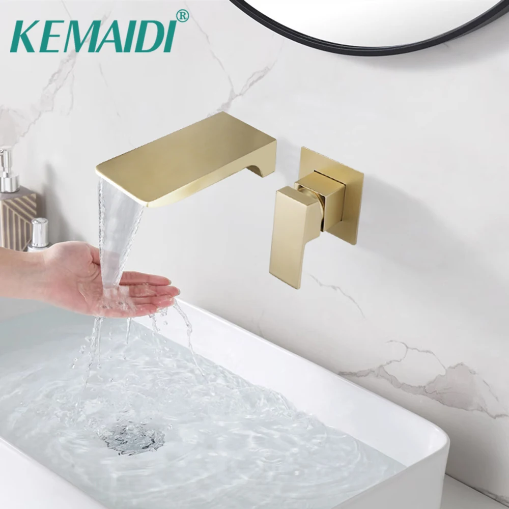 Матовый Золотой смеситель KEMAIDI для ванной комнаты, настенный однотонный латунный смеситель водопад, смеситель для раковины и ванны