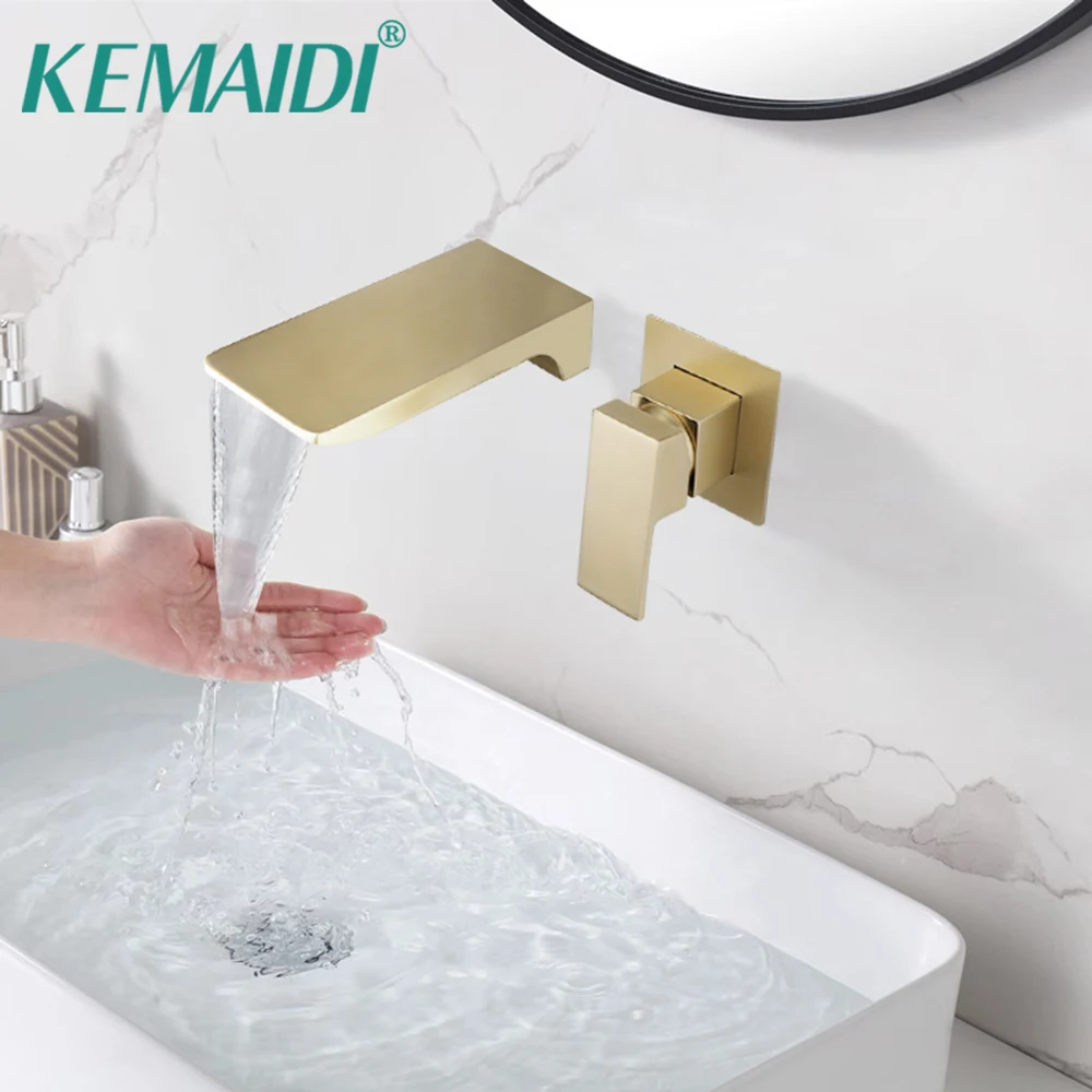 

KEMAIDI Brushed Gold Bathroom Bathtub Faucet Wall Mounted Soild Brass Waterfall Faucets Water Basin Sink Bathtub Mixer TapSet