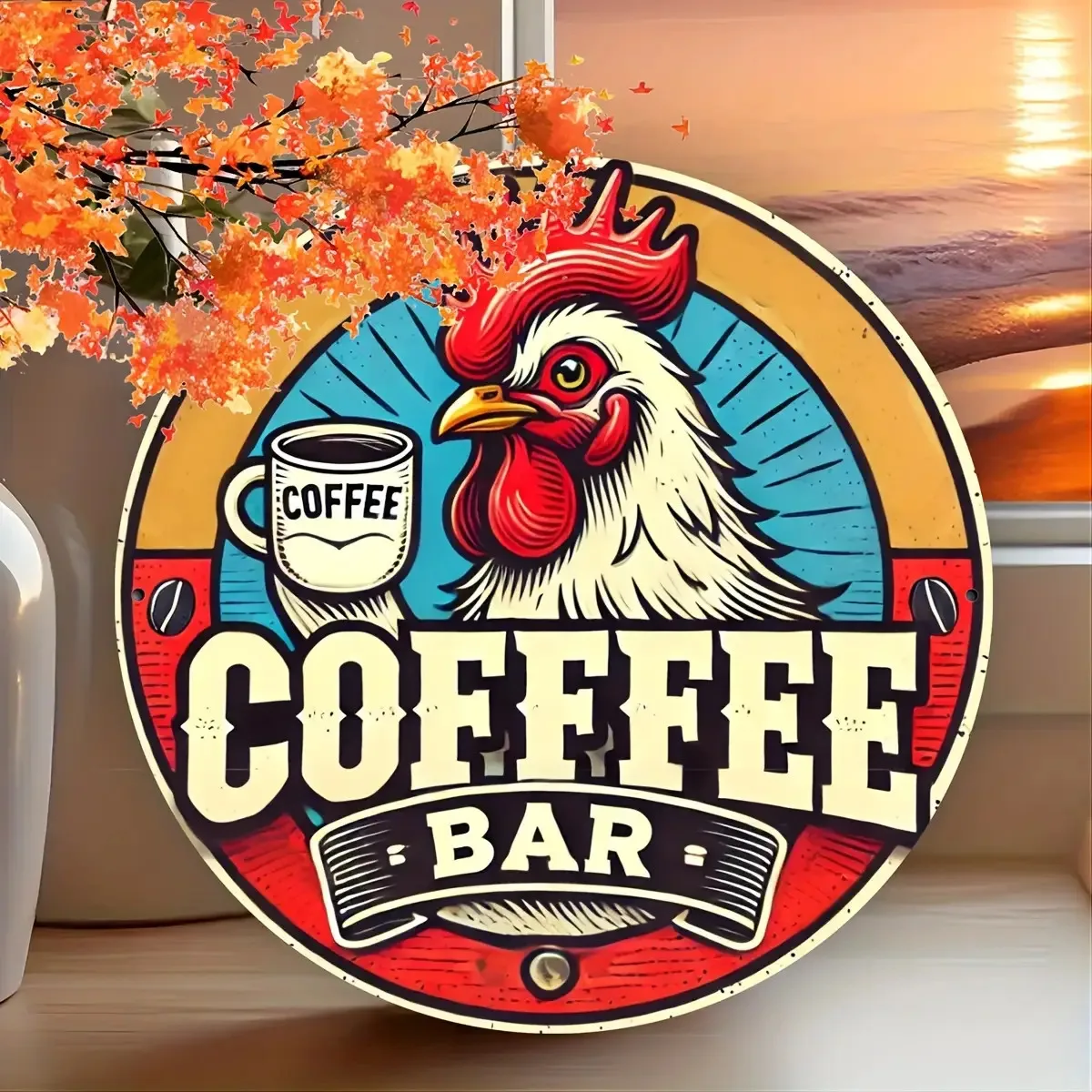 2D Vintage Aluminum Sign | Retro Rooster Drinking Coffee, Colorful Artwork in Red, Yellow - Wall Hanging for Coffee Bar, Home