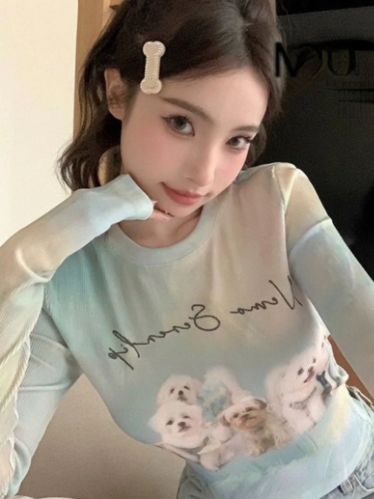 Japanese Korean Y2k Tie Dye Tshirts Sweet Kawaii Letter Cat Print Women T-shirt All Match Aesthetic Long Sleeve Tee Shirts Femme