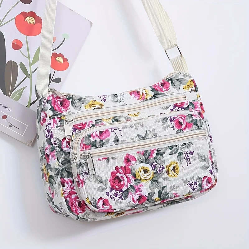 Stylish Floral Crossbody Bag, Multi Zip Casual Shoulder Purse with Adjustable Strap Wallets, for Everyday Outdoor Shoulder Bags view 5