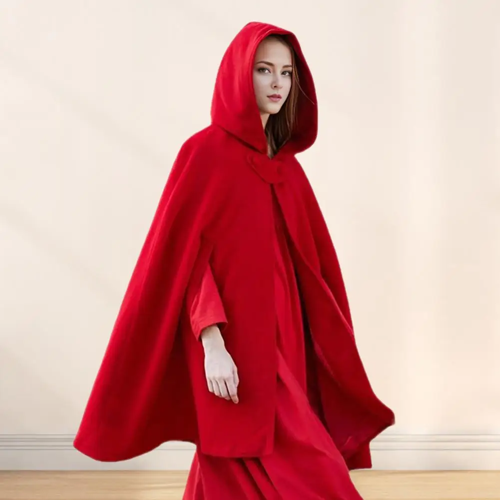 Cape Style Jacket Medieval Retro Gothic Women's Cape Coat with Hood for Winter Warmth Knee Length Loose Cloak with Single-button