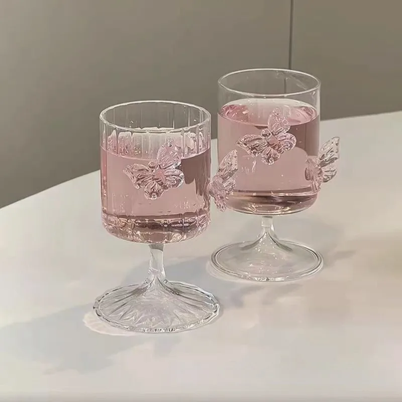 Simple Pink Butterfly High Footed Glass Heat Resistant Household Juice Beverage Single Layer Cups Simple and Thick Drinking Cups