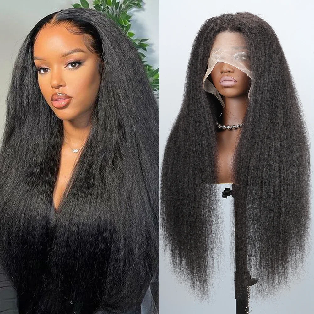 

Yaki Soft 26Inch Kinky Straight Long 180Density Natural Black Deep Lace Front Wig For Women Babyhair Glueless Preplucked Daily