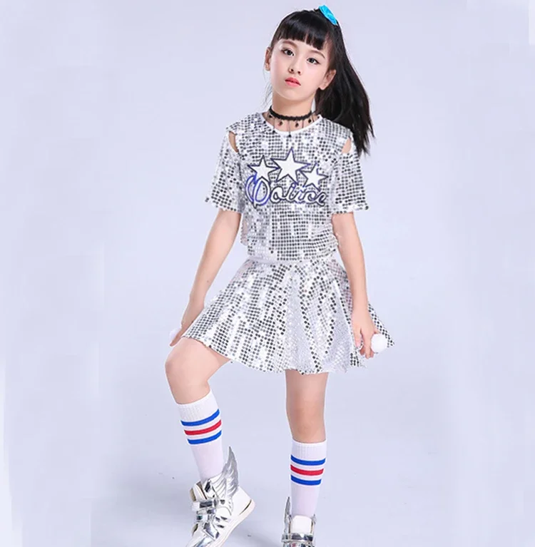 New Child Stage Jazz Dance Costumi da cheerleader moderni Hip Hop Boy Girls Crop Top e pantaloni Paillettes Jazz Dance Performance Set
