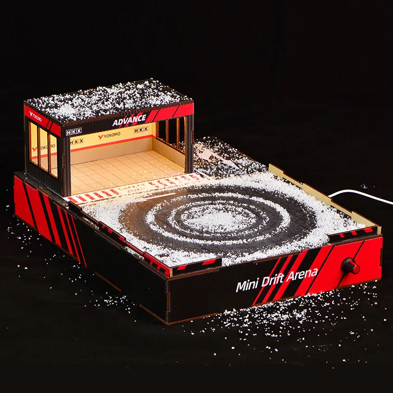1:64 Scale DIY Drift Track Diorama with Rotating Stage & LED Garage Lights – Model Car Scene Building Kit for Mini Car Display