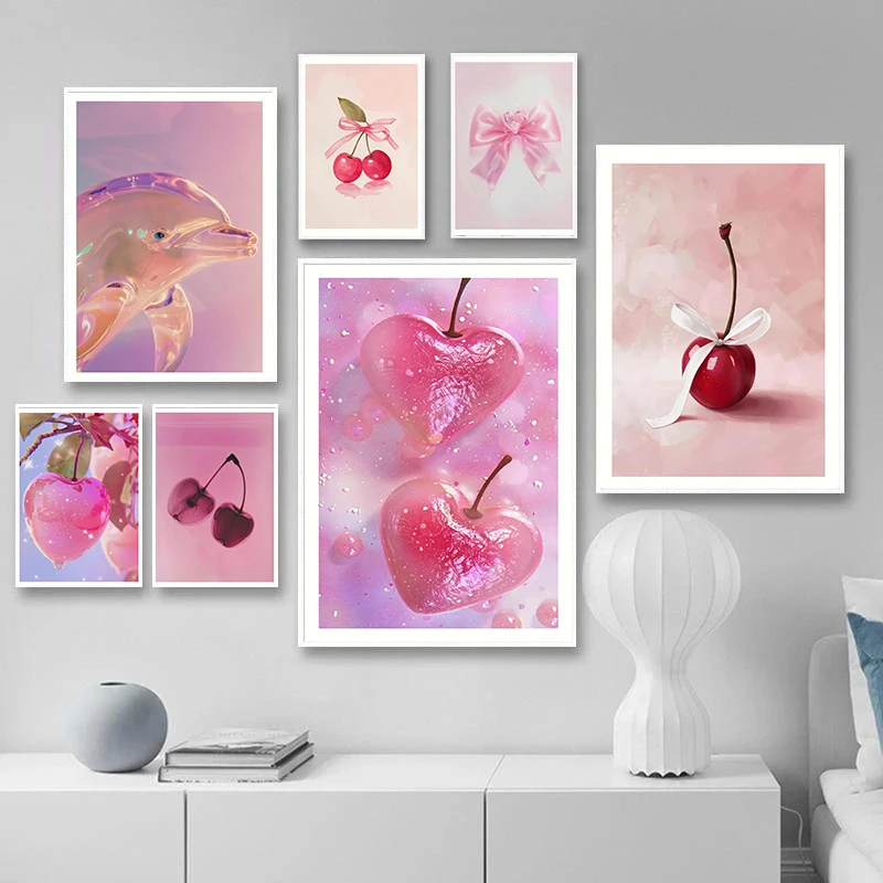 Sparkling Pink Cherry Bow Dolphin Fashion Art Poster Canvas Printing Modern Living Room Girl Bedroom Wall Decoration Painting