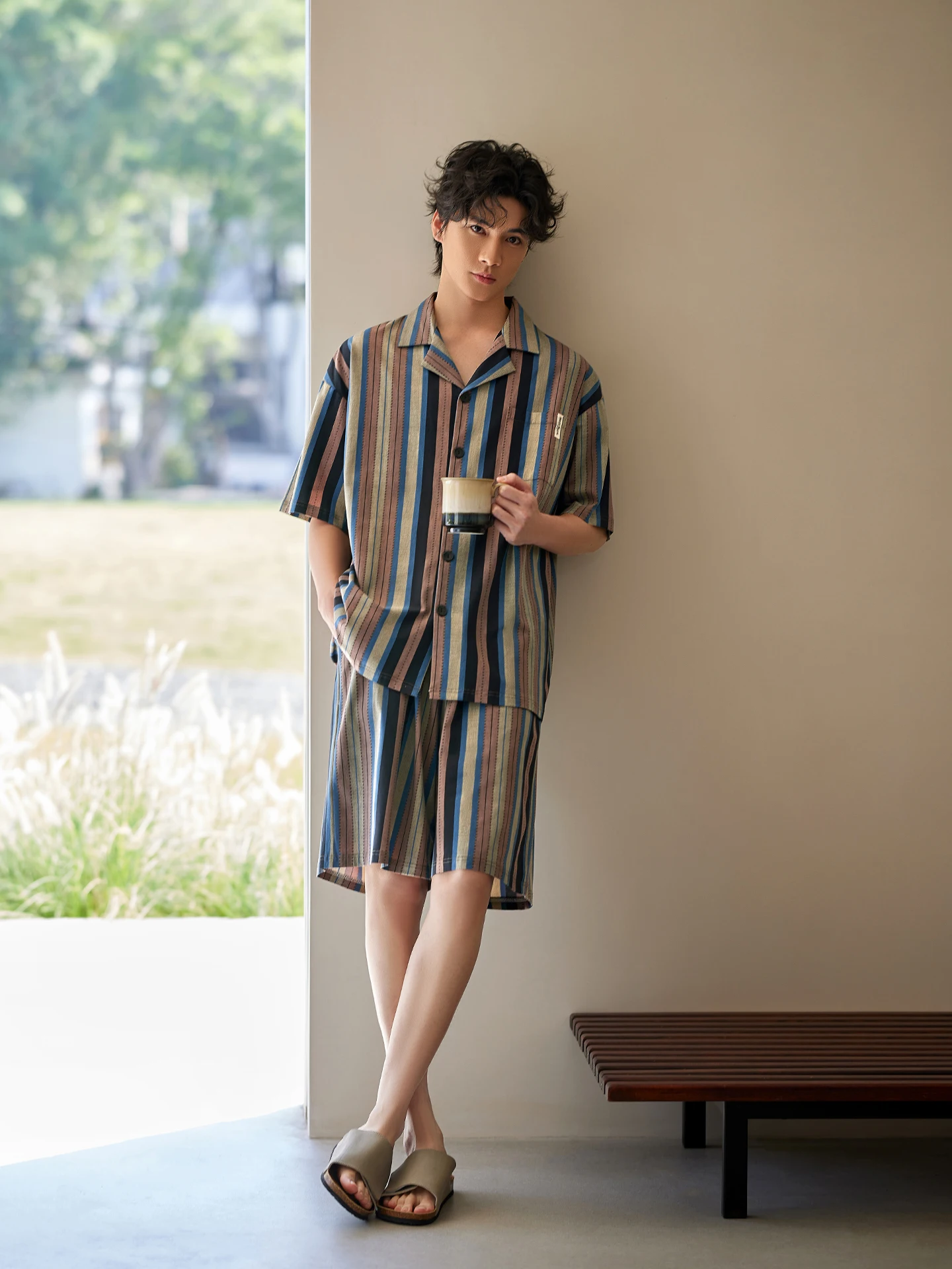 men's-summer-lightweight-pure-cotton-sleepwear-short-sleeve-pants-casual-striped-outdoor-wearable-comfortable-breathable-home