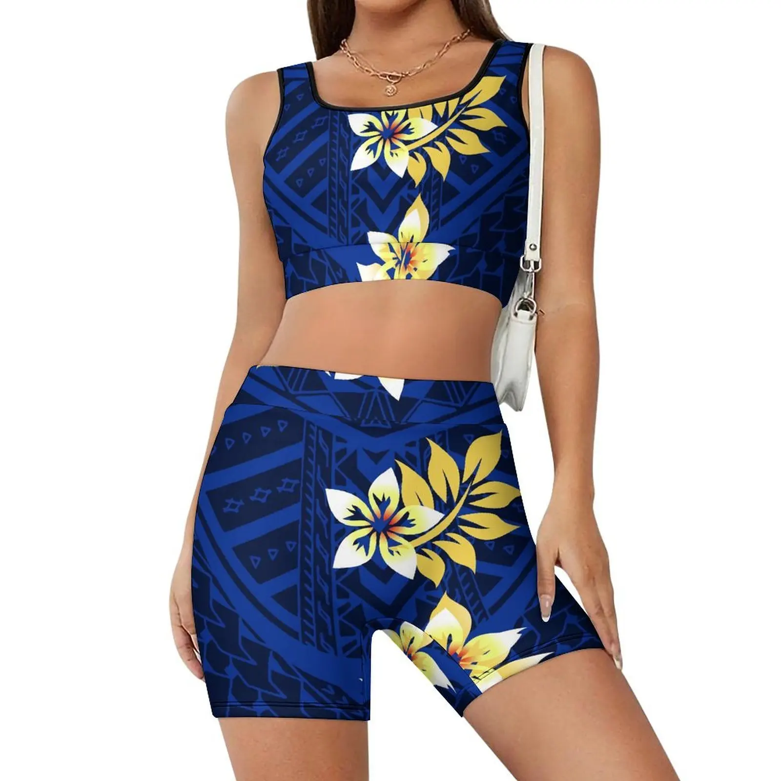 A High-Quality Pilates Training Suit Set Of Two Pieces With Polynesian Floral Prints Customizable Patterns New Design For 2025