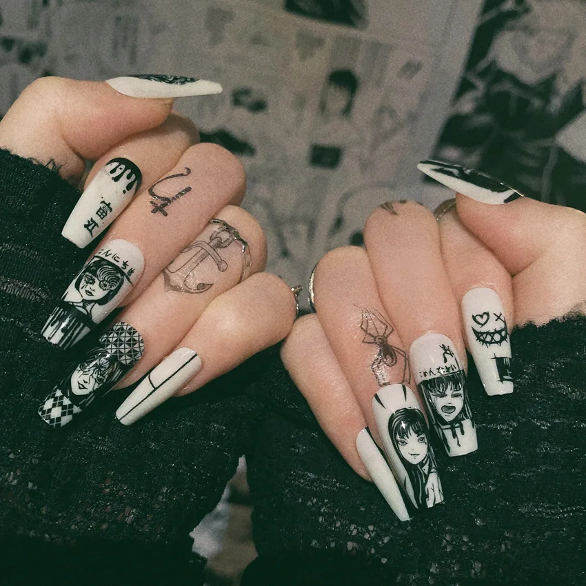 24 قطعة Y2k متوسطة مربع الأظافر كاذبة مع الغراء الظلام أنيمي فتاة حلوة كول الموسيقية ملاحظة نمط الأظافر وهمية للنساء يمكن ارتداؤها مسمار