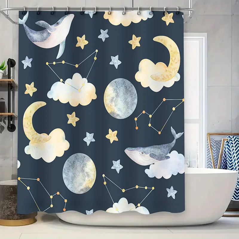 Cortina de ducha con estampado de estrellas y luna caprichosa, fondo azul marino con ballenas, constelaciones de nubes, perfecta para decoración de baño.