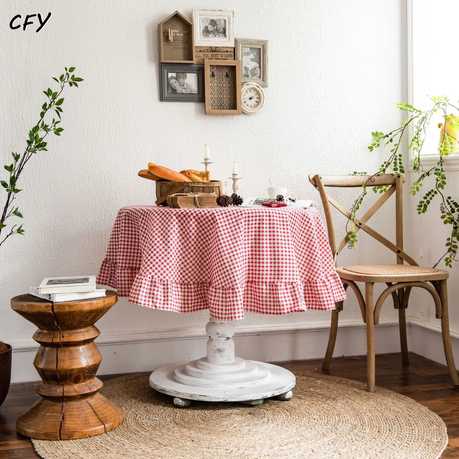 

Cotton and Linen Ethnic Style Red Checkerboard Dining Round Table Cover Chicken Table Cloth Tea Table Cloth Circular Tablecloth