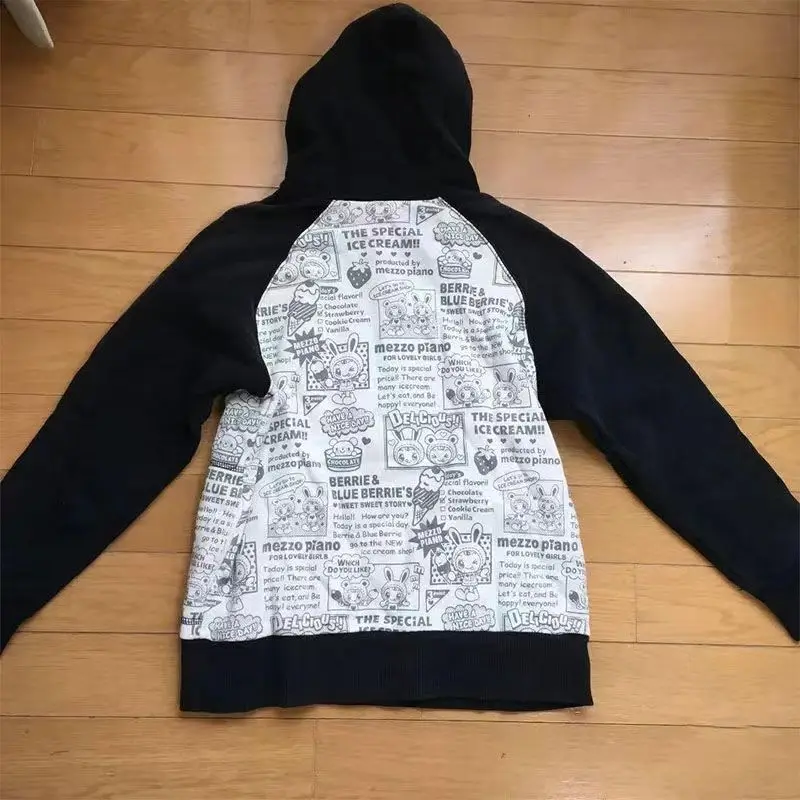 Japanese Kawaii Cartoon Printed Hoodie Autumn New Cute Subculture Long-sleeved Hoodies Black Loose Casual Women's Clothing