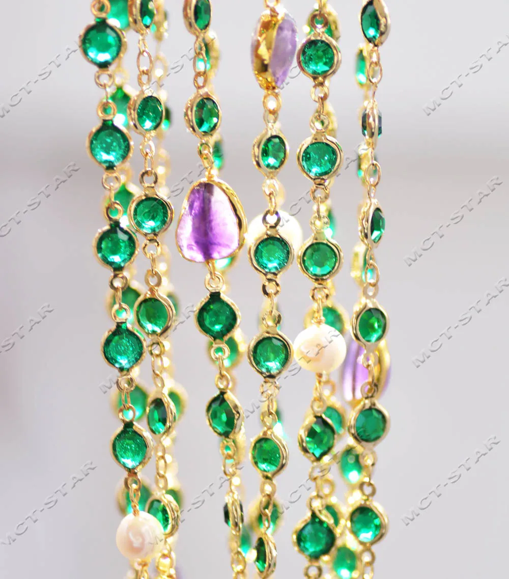 

Z13000 100" White Pearl Green Crystal CZ Purple Baroque Amethyst gold-plating Chain Necklace