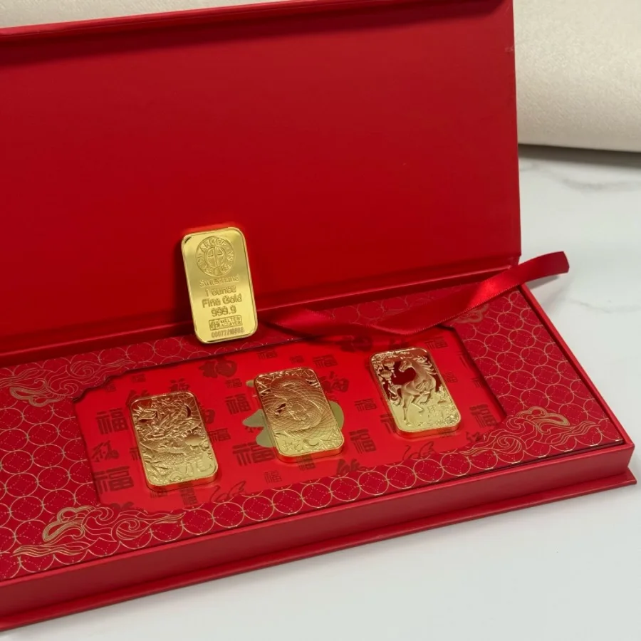 Great Chinese New Year Gift Swiss 1oz Gold Plated Dragon Horse Snake Bar Serial NO. Metal Bar Metal Crafts Collectibles