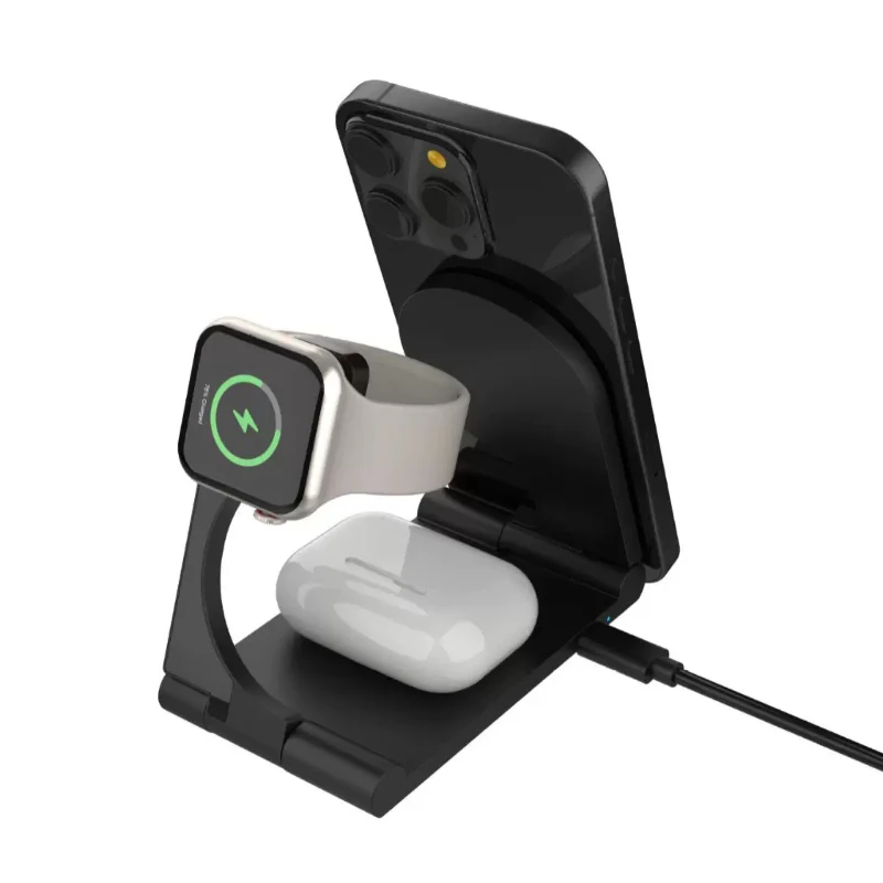 طوي 3 في 1 شاحن لاسلكي حامل الوسادة سطح المكتب محطة شحن سريعة آيفون/سماعات/محطة شحن الساعة