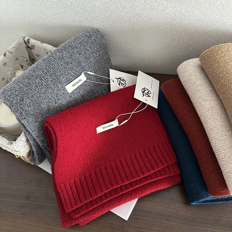 

Шарф из чистой шерсти, однотонный, теплый, зимний, унисекс, для пар, стильный, универсальный, в корейском стиле, модный женский аксессуар.