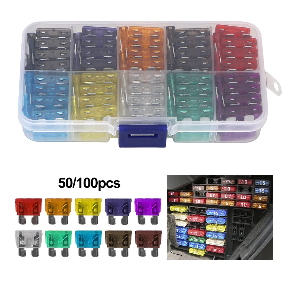 50/100PCS Car Fuses Kit Auto Truck Standard Blade Fuse Assortment 2A 3A 5A 7.5A 10A 15A 20A 25A 30A 35A Automotive Fuse