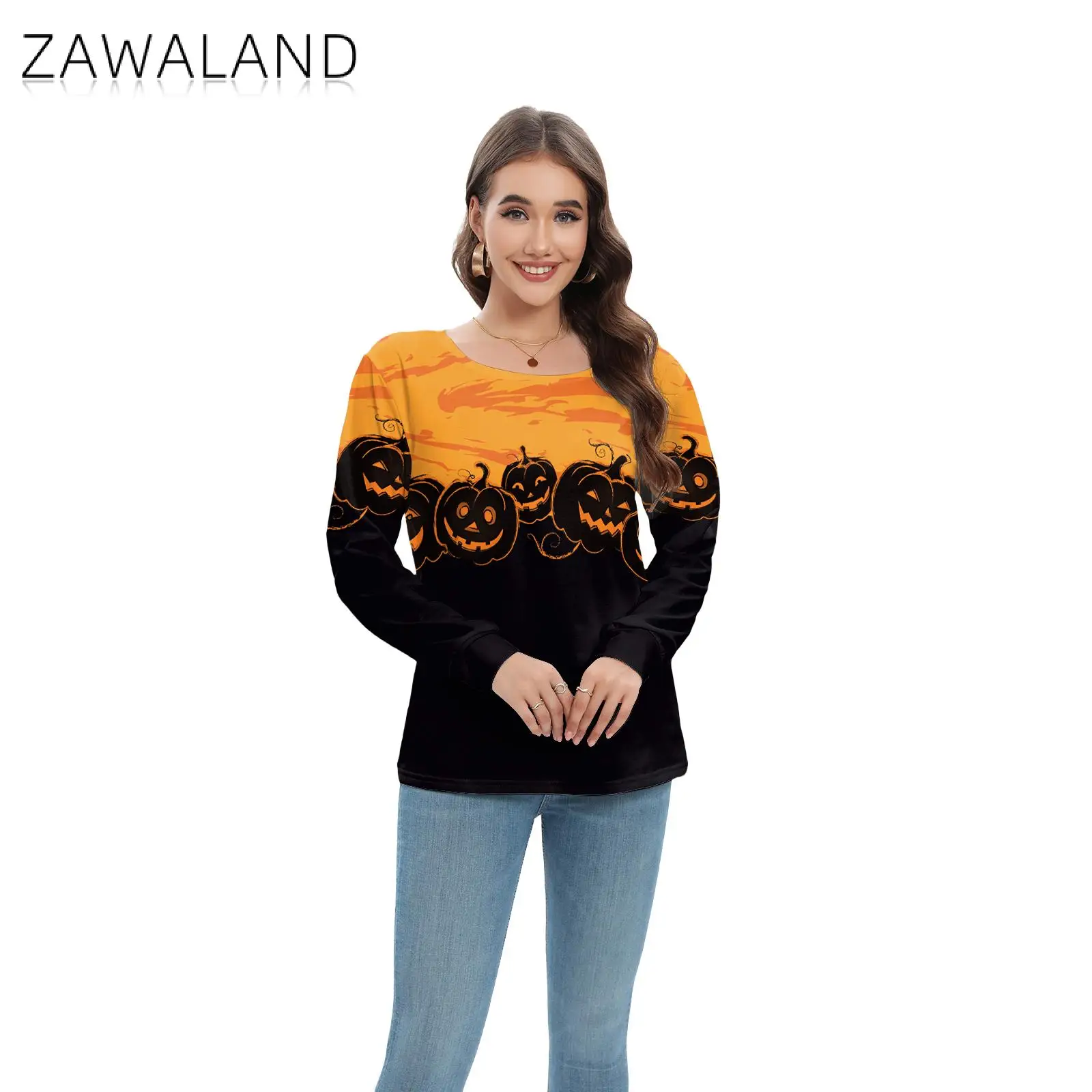 Zawaland Tops Women Halloween Irregular Shirts Tie-dye Pumpkin Printing Woman Slant Shoulder Collar Female Long Sleeved Blouse