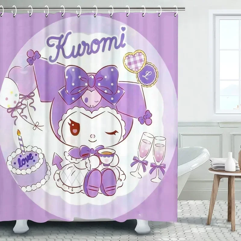 Kuromi Anime Cartoon Shower Curtain and Cute Shower Funny Accessories Single Piece Bath Screen Full Set