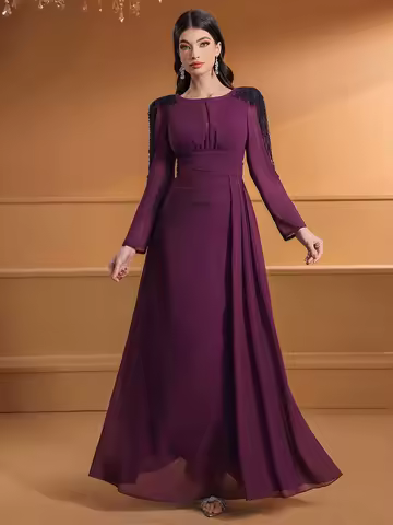 TOLEEN Women Floor-Length Dresses Fashionable Chiffon Beaded Long Evening Dress Party Elegant And Slimming Evening Dress Women