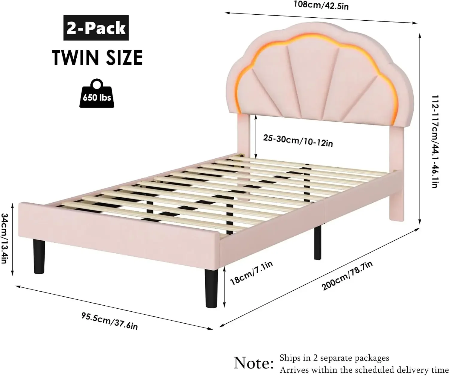 Juego de 2 marcos de cama LED tapizados dobles con cabecero de pétalos de ensueño ajustable, cama de plataforma de princesa de terciopelo suave para niñas/niños