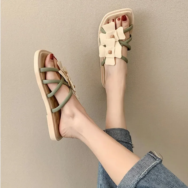 Open Toe Sandals Flat Shoes for Women Outside Pink Slides Flower on Beach Indoor Woman Slippers Clappers Comfortable and Elegan