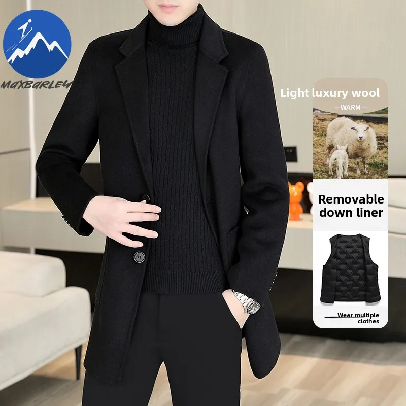 Maxbarley Woolen Coat Classics Suit Collar Working Windproof Wool Jacket Mens Casual Detachable Down Lining Fashion TrenchCoat